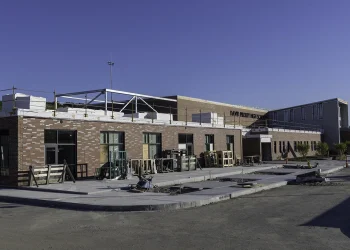 Exterior shot of the new high school under construction.