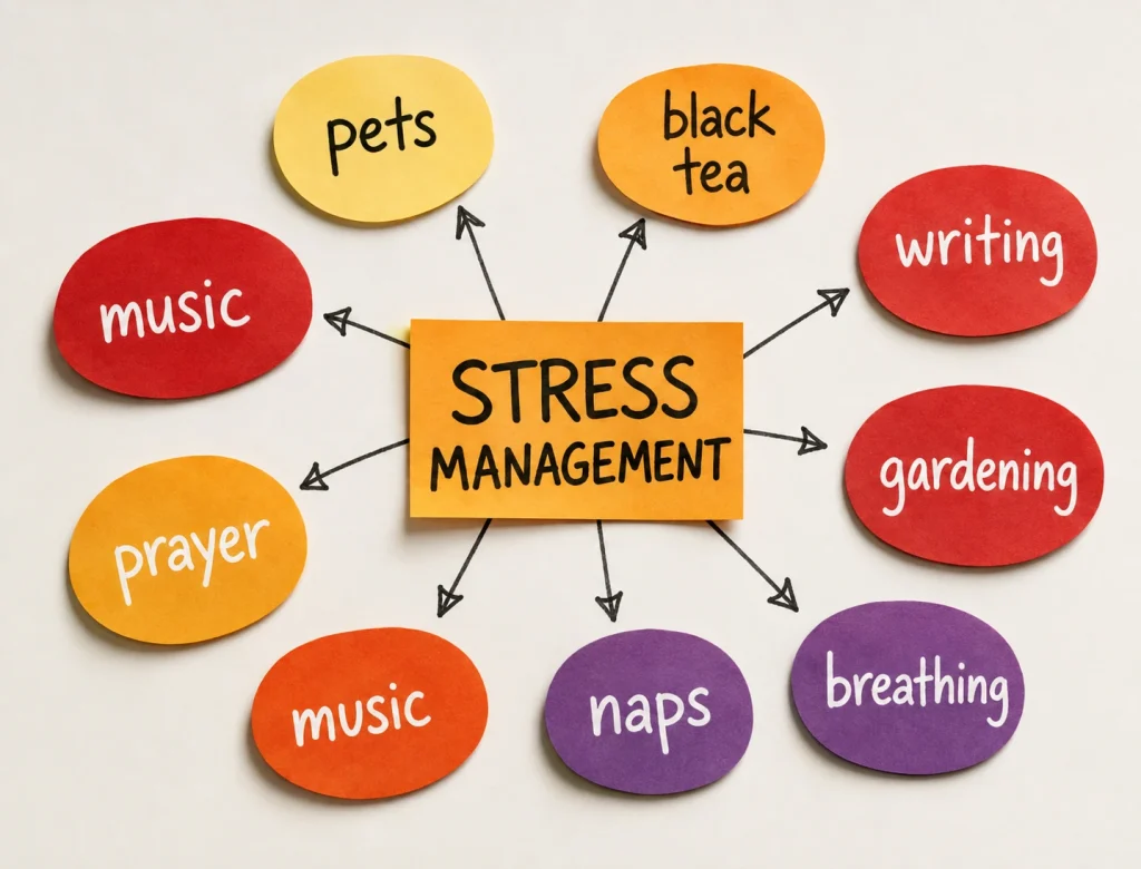 Stress management graphic showing music, pets, black tea, writing, gardening, breathing, naps and prayer as ways to manage stress.