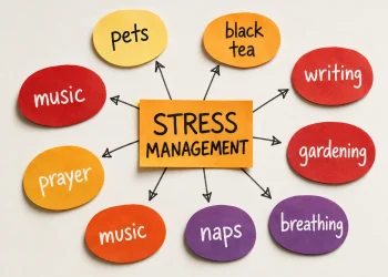 Stress management graphic showing music, pets, black tea, writing, gardening, breathing, naps and prayer as ways to manage stress.