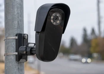 Image of a flock camera attached to a street pole.